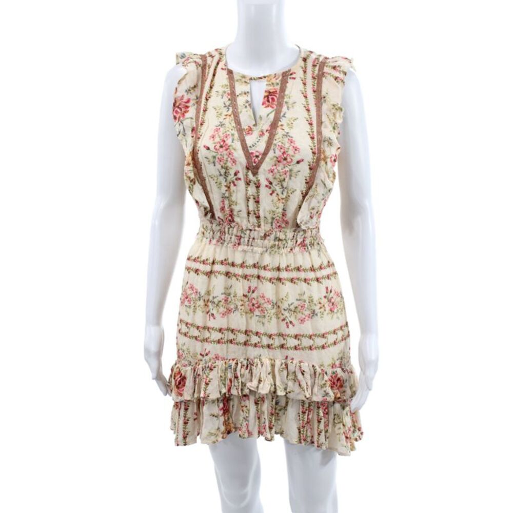 Rahi Cali Women Ivory Floral V-Neck Sleeveless Mini Dress Viscose Size XS